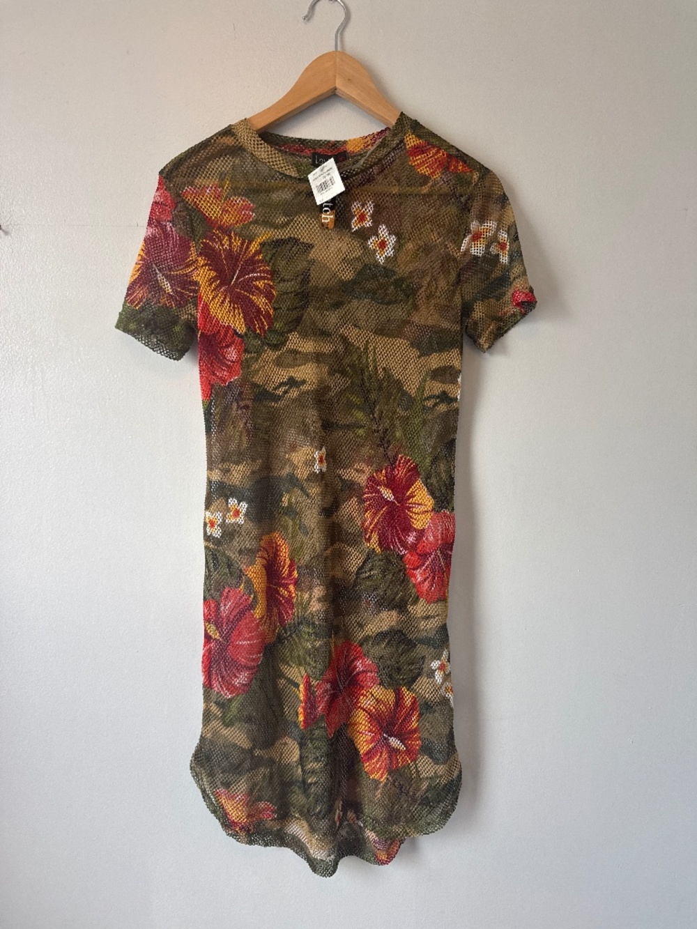 Love mesh camo floral shirt sleeve dress/swim cover